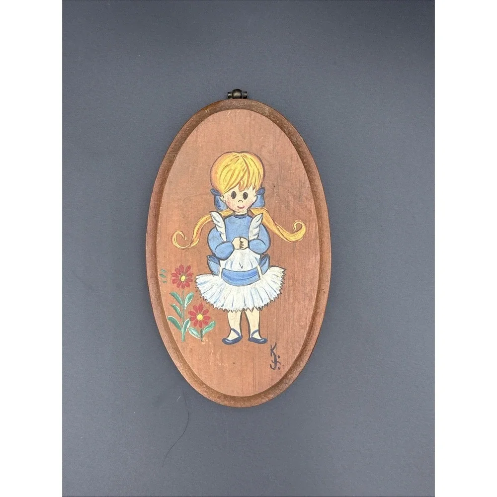 Vintage 70s Hand Painted Wooden Oval Wall Plaque Big Eye Blond Girl Kitsch Folk